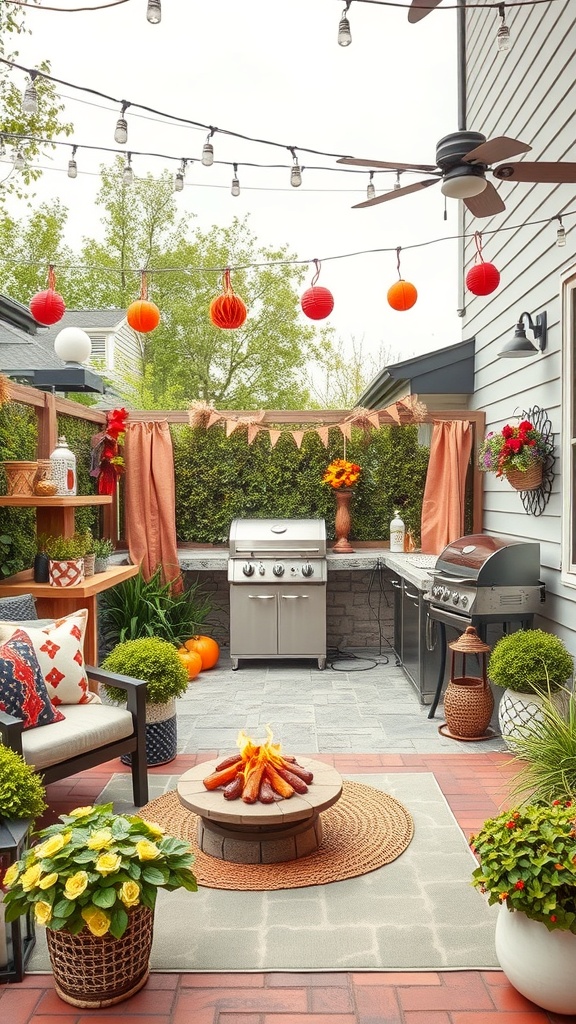 A beautifully decorated patio BBQ area with colorful lanterns, a fire pit, and comfortable seating.