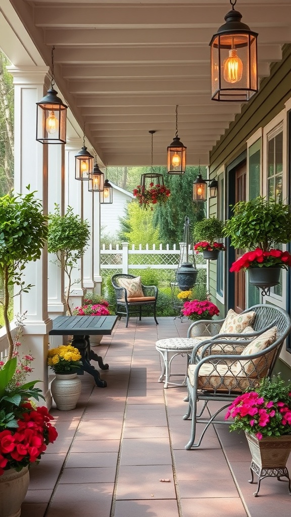 A beautifully decorated patio with hanging lanterns, potted plants, and cozy seating.
