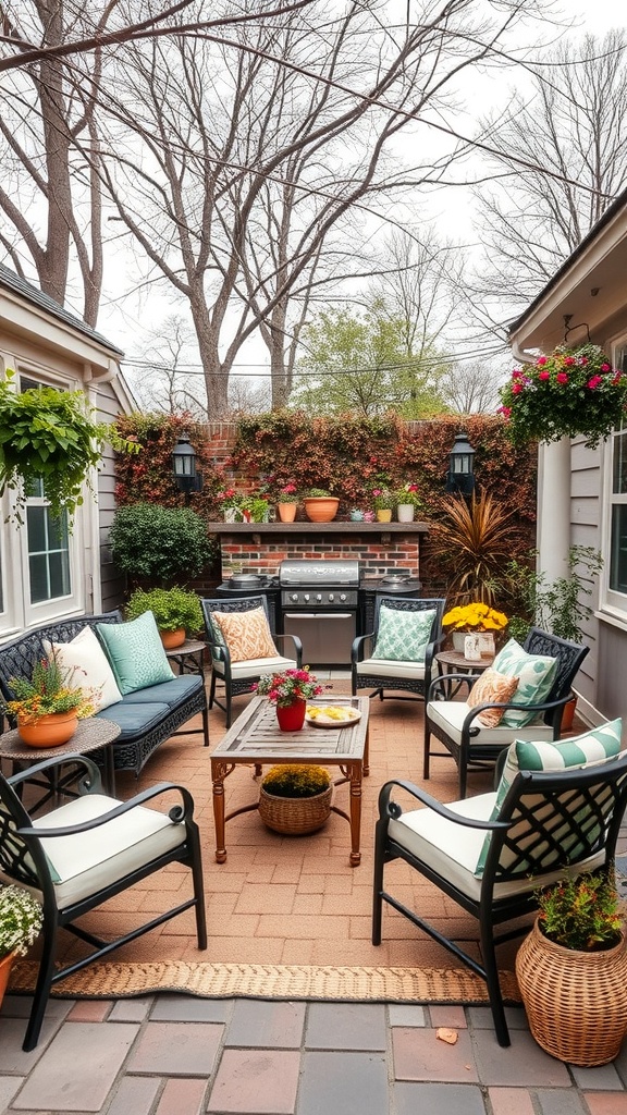 A cozy patio with comfortable seating, potted plants, and a grill, perfect for seasonal decor.