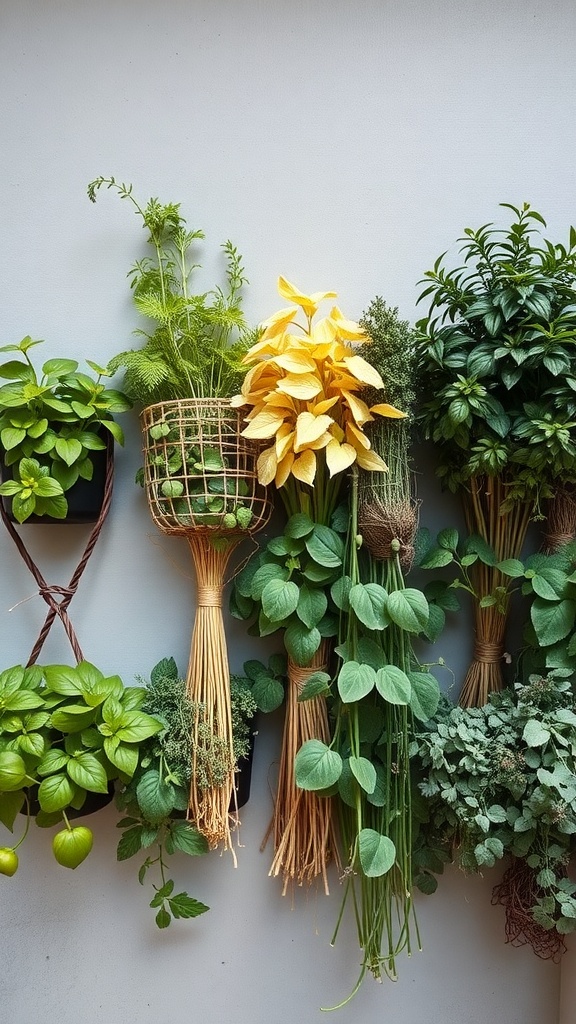 A vertical herb garden wall featuring various herbs like basil, mint, and thyme in decorative planters.