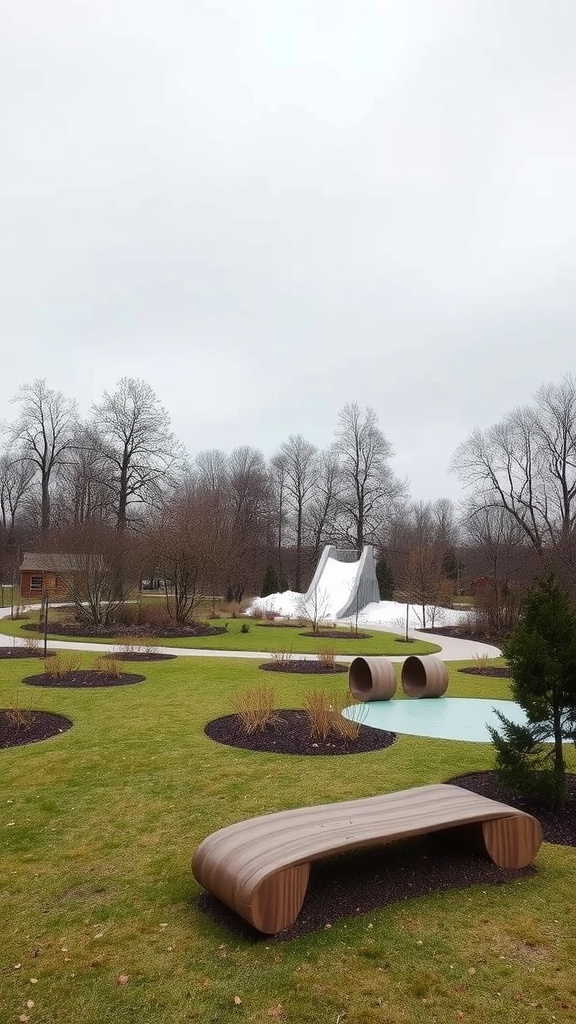 A garden with a kids play area featuring a slide, wooden benches, and landscaped greenery.