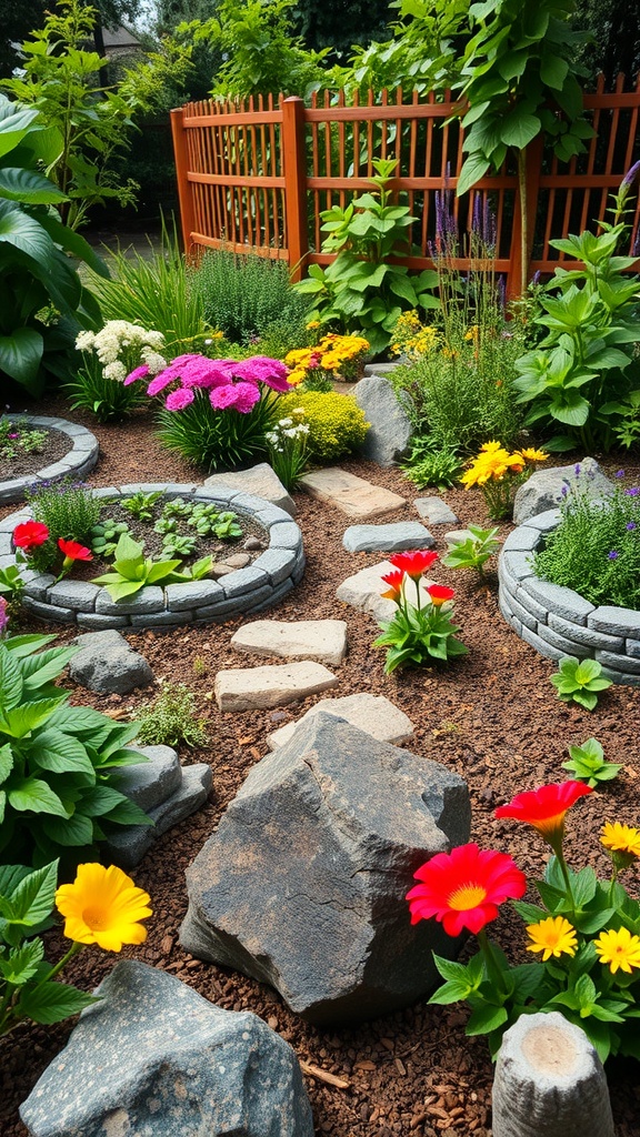A colorful sensory garden with flowers, stones, and a winding path.