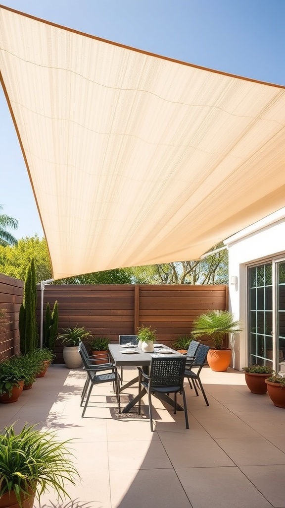 A patio BBQ area with a large shade sail providing cover over a dining table and chairs, surrounded by potted plants.
