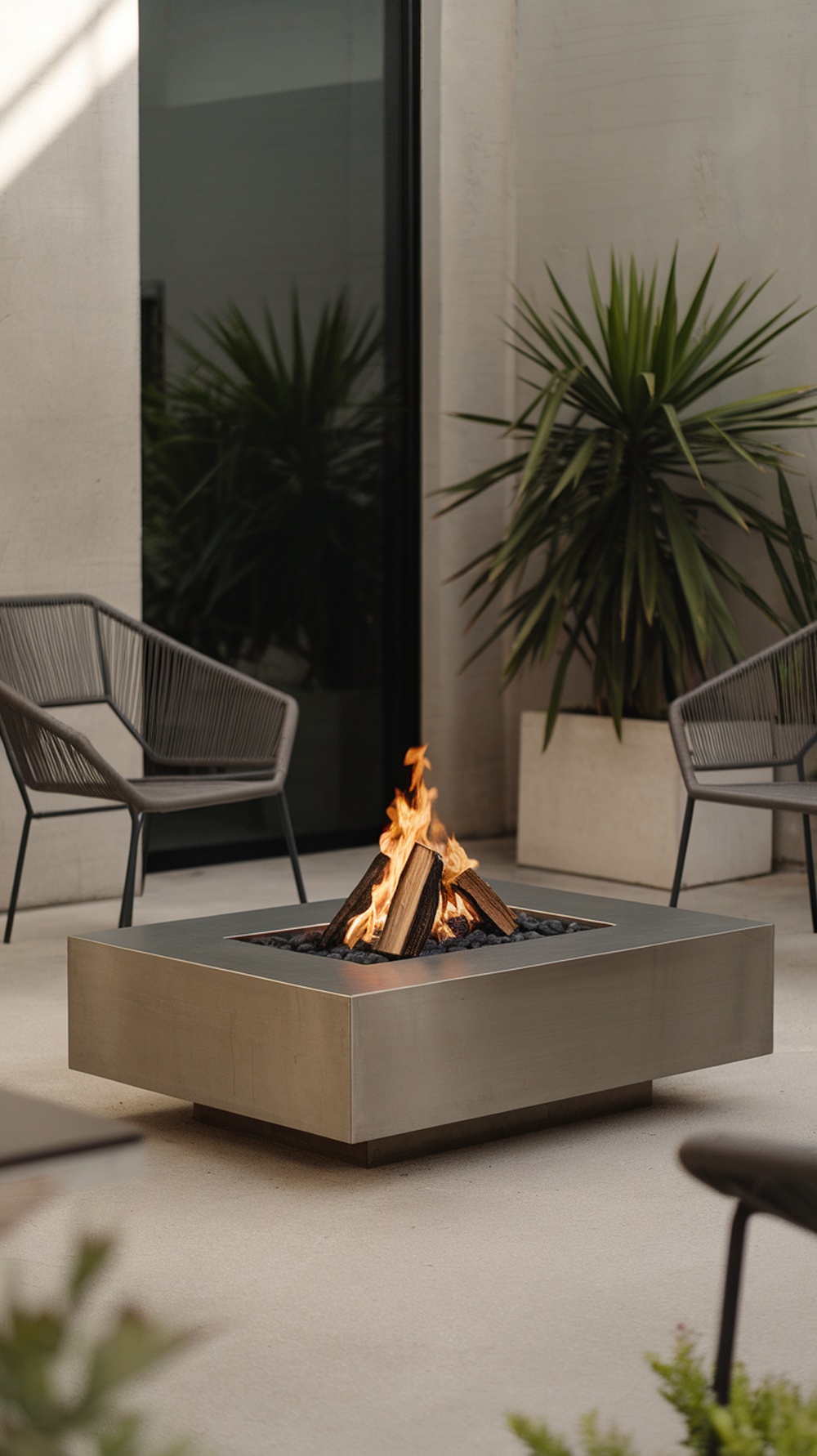 A modern square fire pit with flames and smooth stones, surrounded by minimalist chairs and plants.