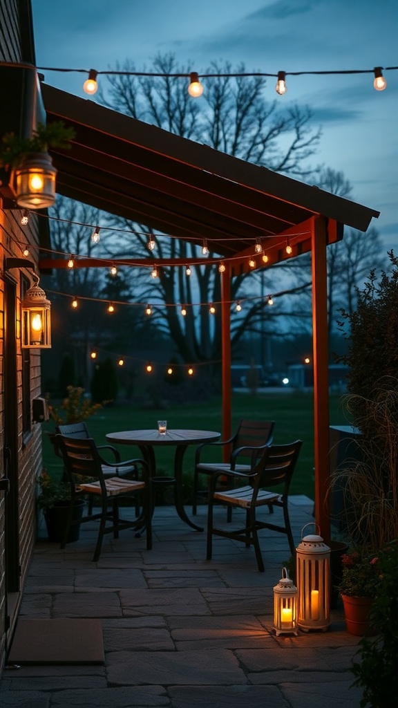 A cozy Japandi patio with string lights and lanterns illuminating a small table and chairs.