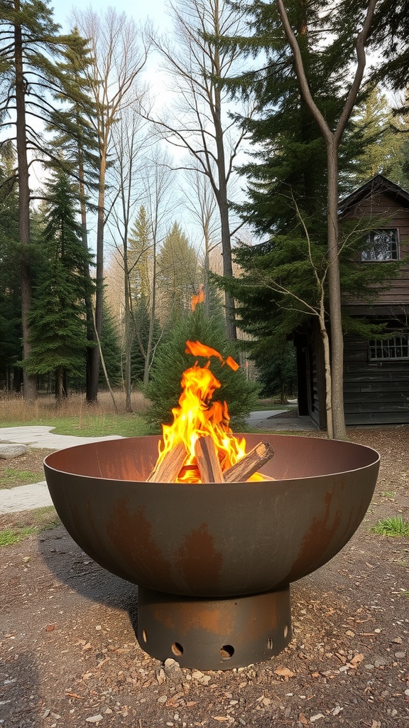 A steel fire pit with flames, surrounded by people in a forest setting.