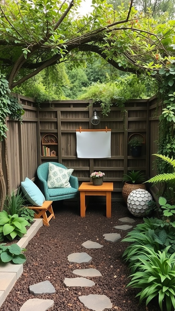 A cozy storytelling nook in a garden with a chair, table, and lush greenery.