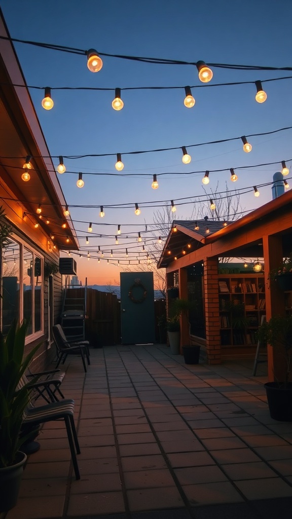 A cozy patio area with string lights hanging overhead, creating a warm atmosphere during sunset.
