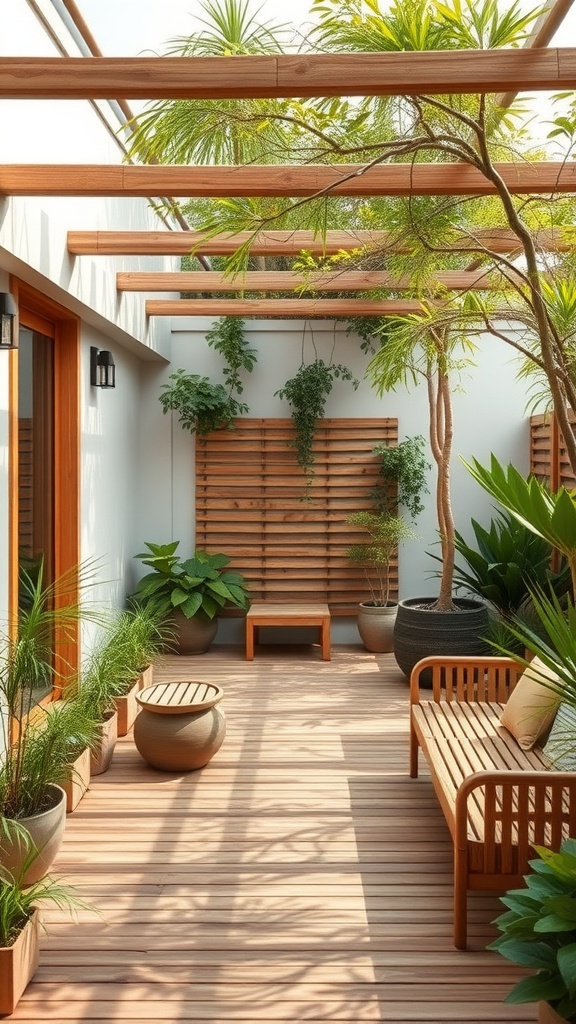 A serene Japandi-style patio featuring wooden elements and lush greenery.