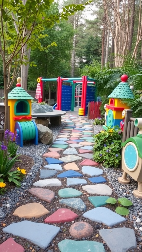 Colorful stone pathway leading to a children's play area with vibrant play equipment and greenery.