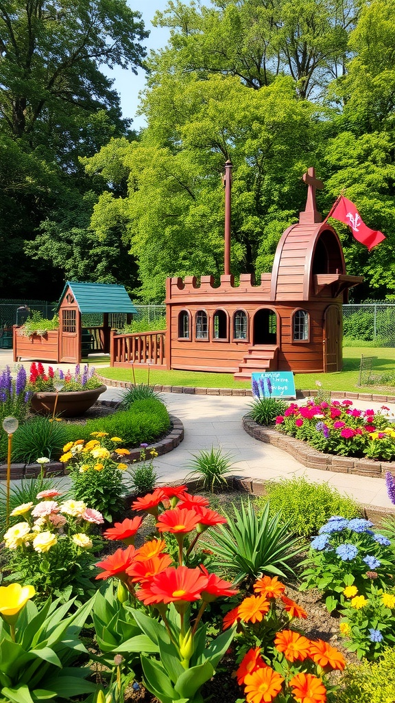 A colorful themed play area featuring a pirate ship structure surrounded by vibrant flowers.