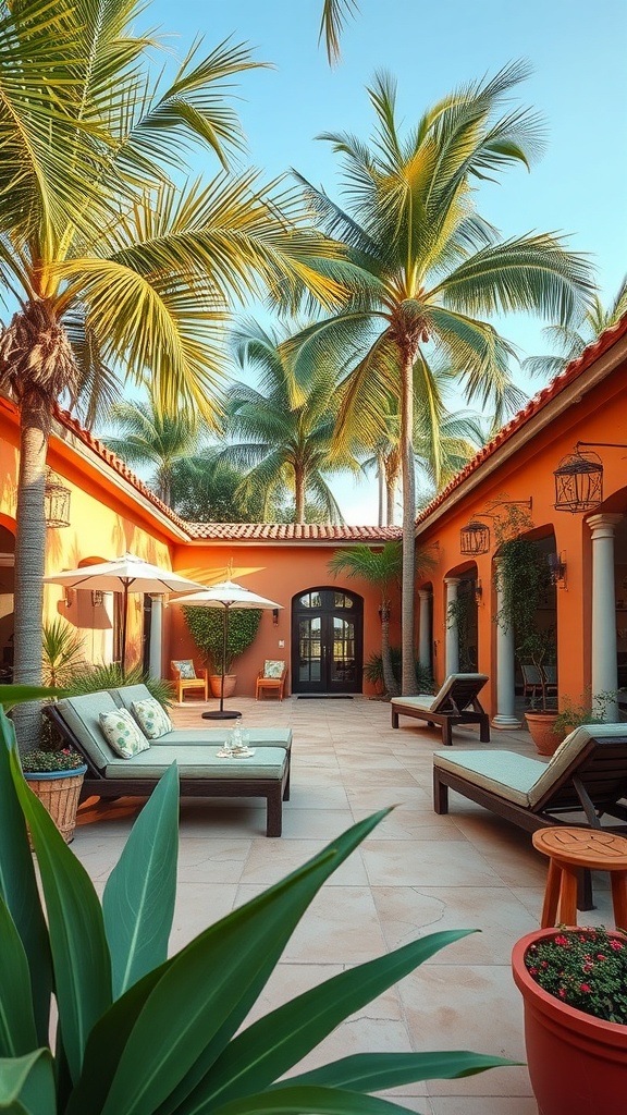 A tropical patio with palm trees, lounge chairs, and colorful decor.