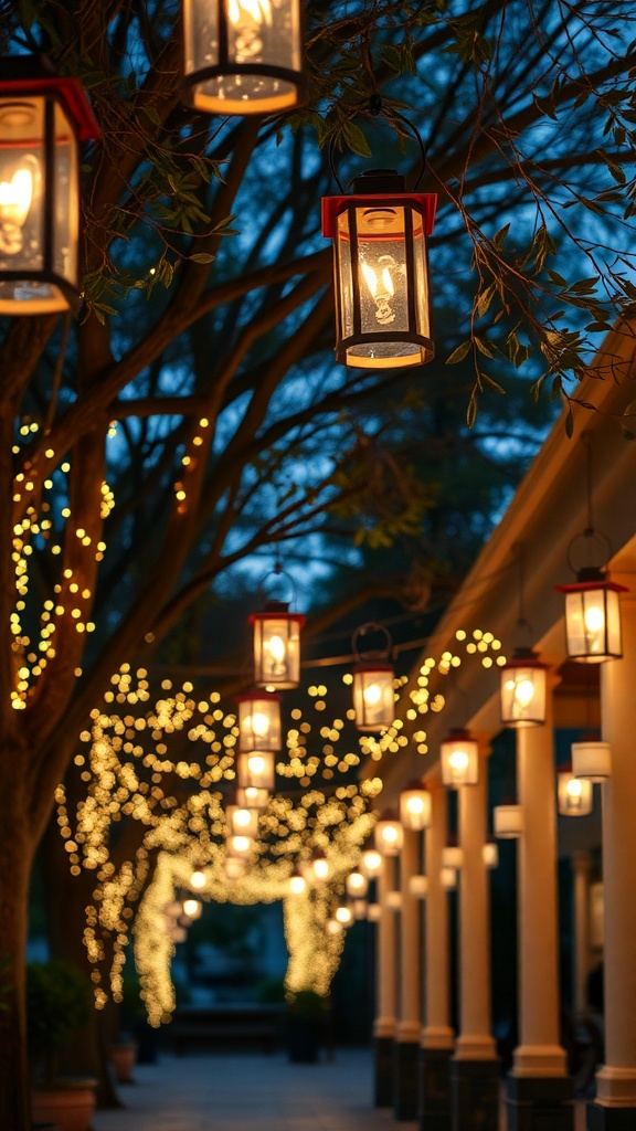 Twinkling lanterns hanging from trees in a patio setting, creating a warm evening glow.