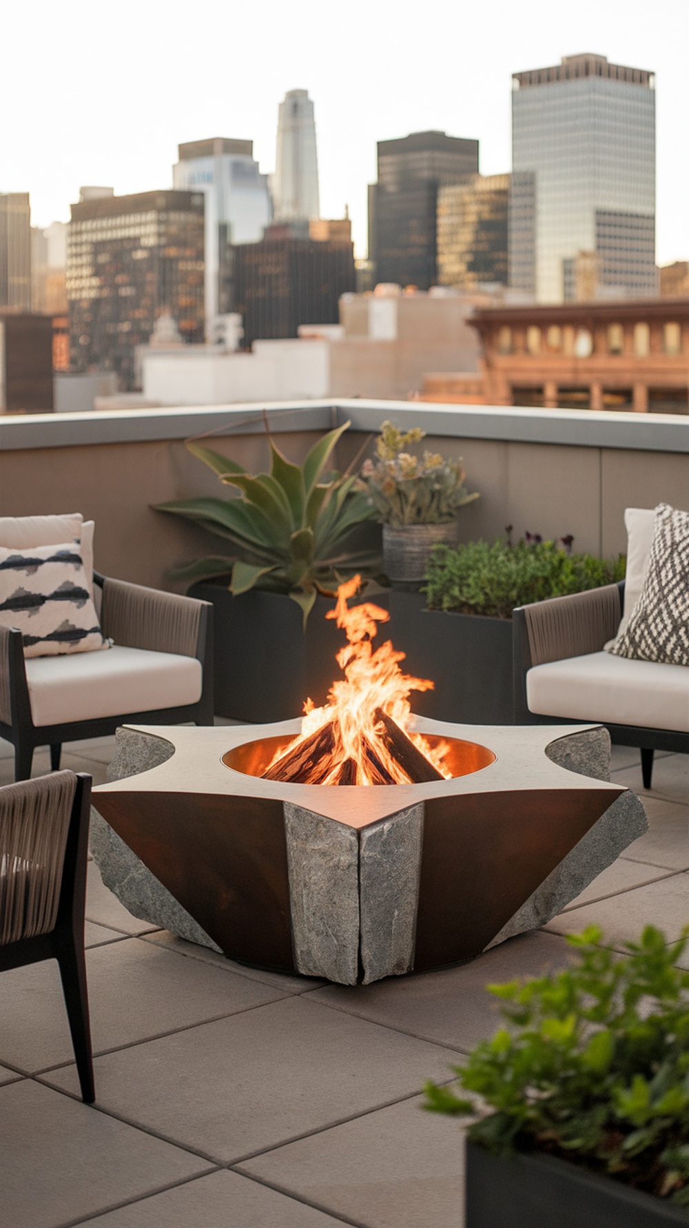 A modern star-shaped fire pit made of metal and stone, surrounded by outdoor seating and plants, with a city skyline in the background.