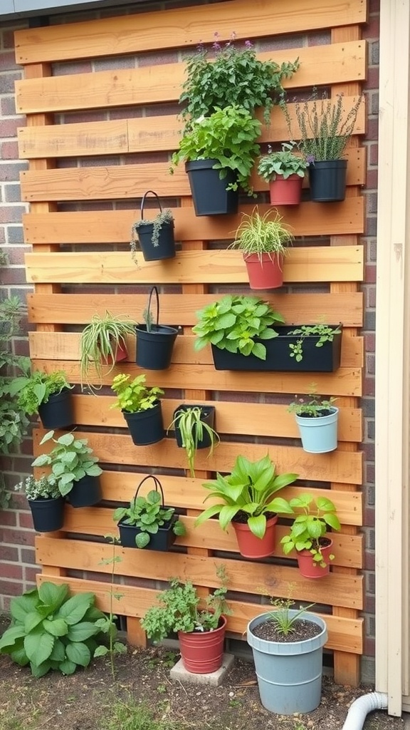 A vertical herb garden made from recycled materials with various herbs in pots attached to a wooden wall.
