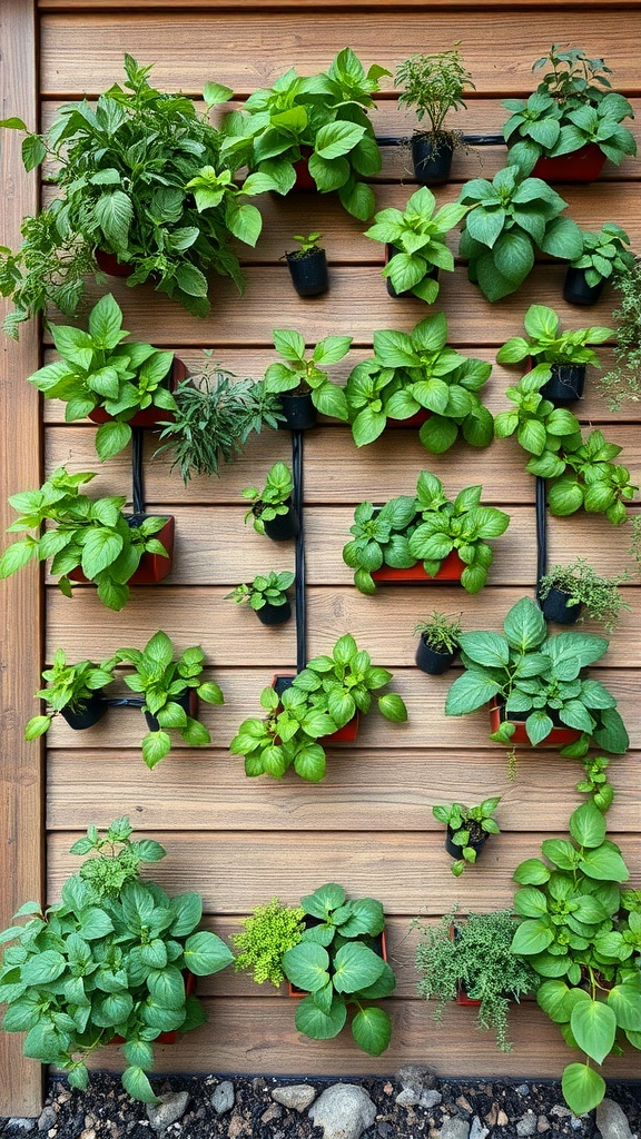 A vertical herb garden with various herbs in pots mounted on a wooden wall.