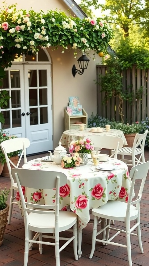 A vintage tea party setup with a floral tablecloth, white chairs, and a bouquet of roses on a patio.