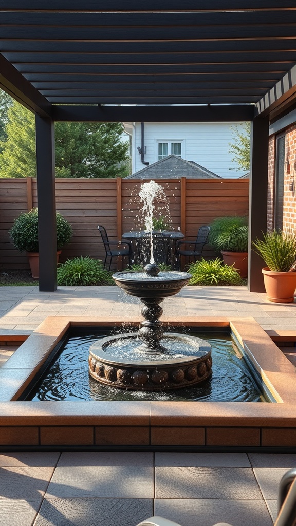 A serene patio area featuring a bubbling fountain surrounded by greenery and a view of a lake.