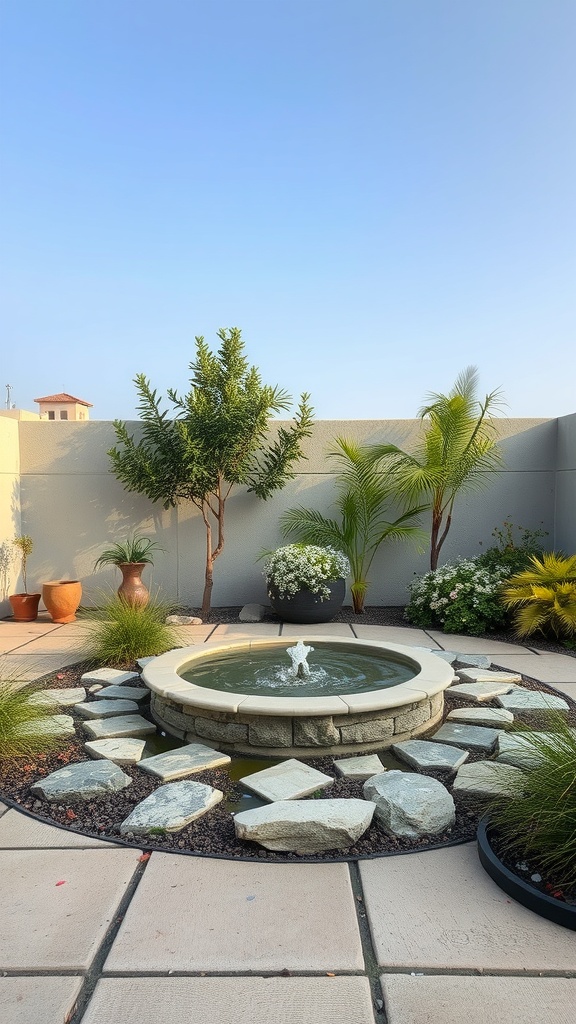 A tranquil patio featuring a circular fountain surrounded by stones and plants.