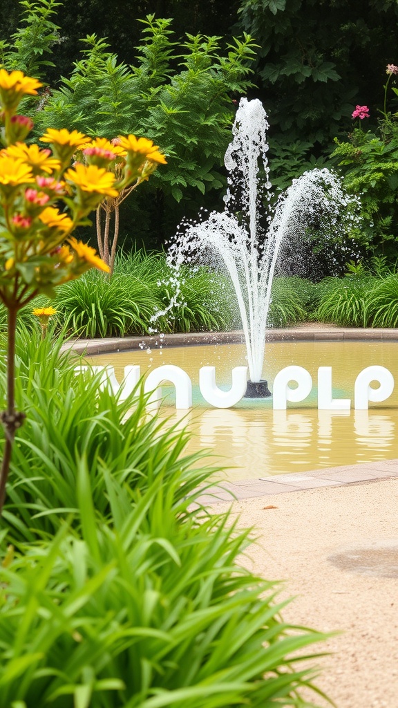 A fountain in a garden surrounded by green plants and colorful flowers.