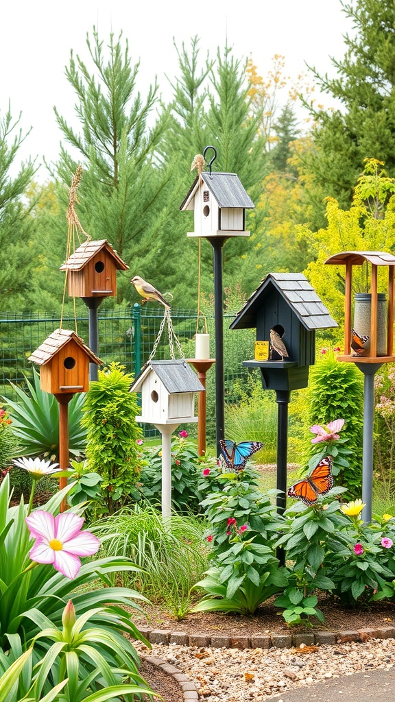 A garden with birdhouses, colorful flowers, and butterflies, creating a wildlife observation area.