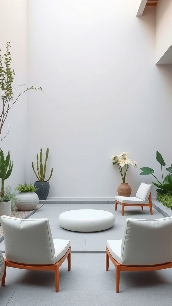 A minimalist Zen garden seating area with two white chairs and a round table surrounded by plants.