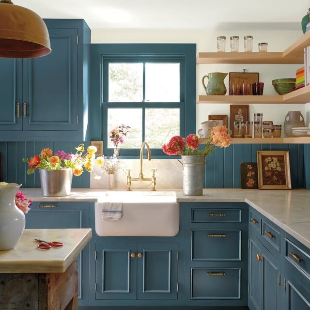 Rustic Farmhouse Kitchen with Deep Teal Shaker Cabinets - best blue kitchens
