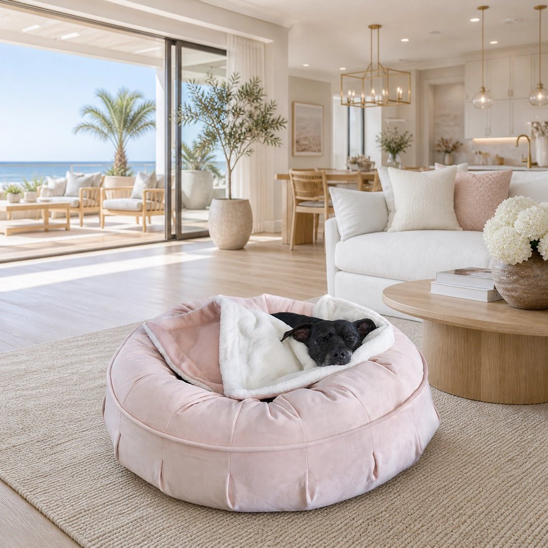 Round Ice Pink Velvet Puff Dog Bed - cute dog bed ideas