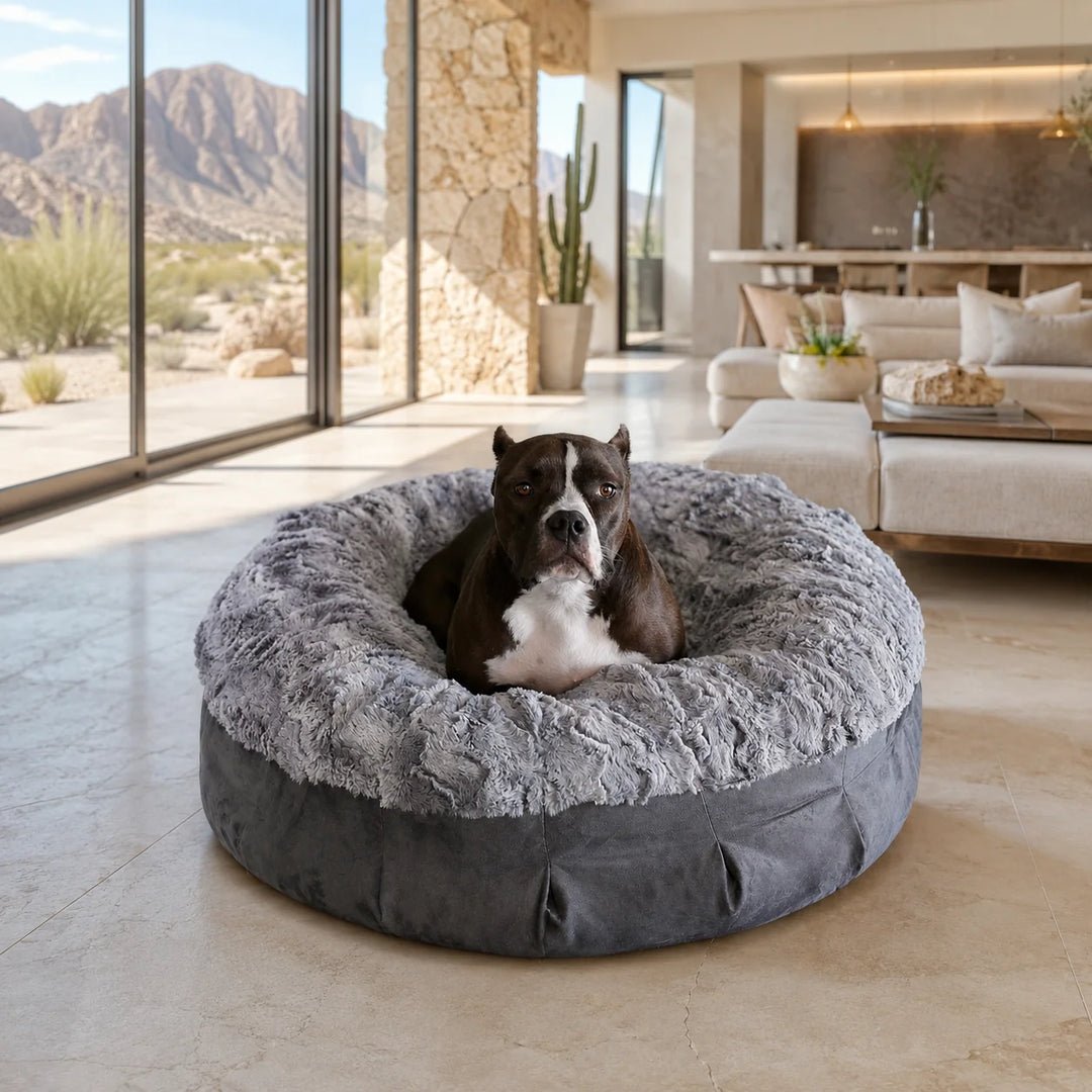 Charcoal and Gray Faux Fur Orthopedic Bed - cute dog bed ideas