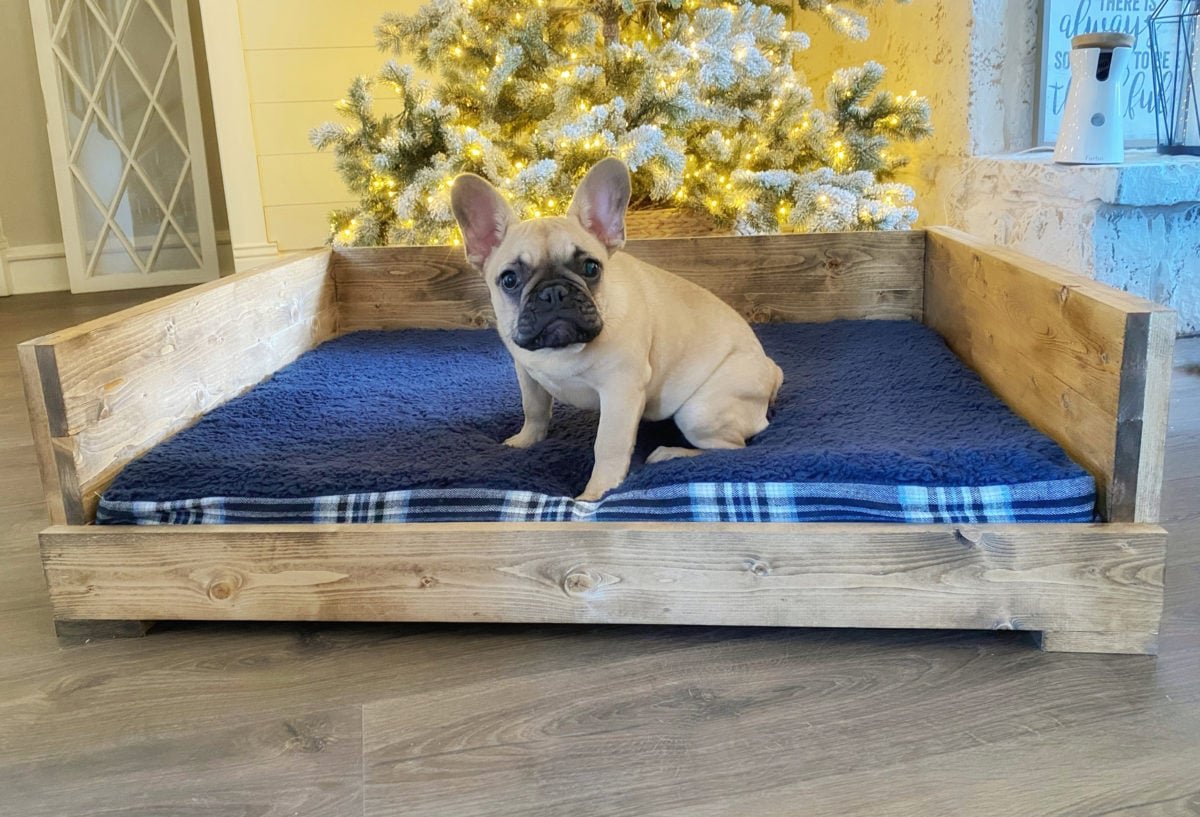 Weathered Wood Box Bed with Plaid Mattress - cute dog bed ideas