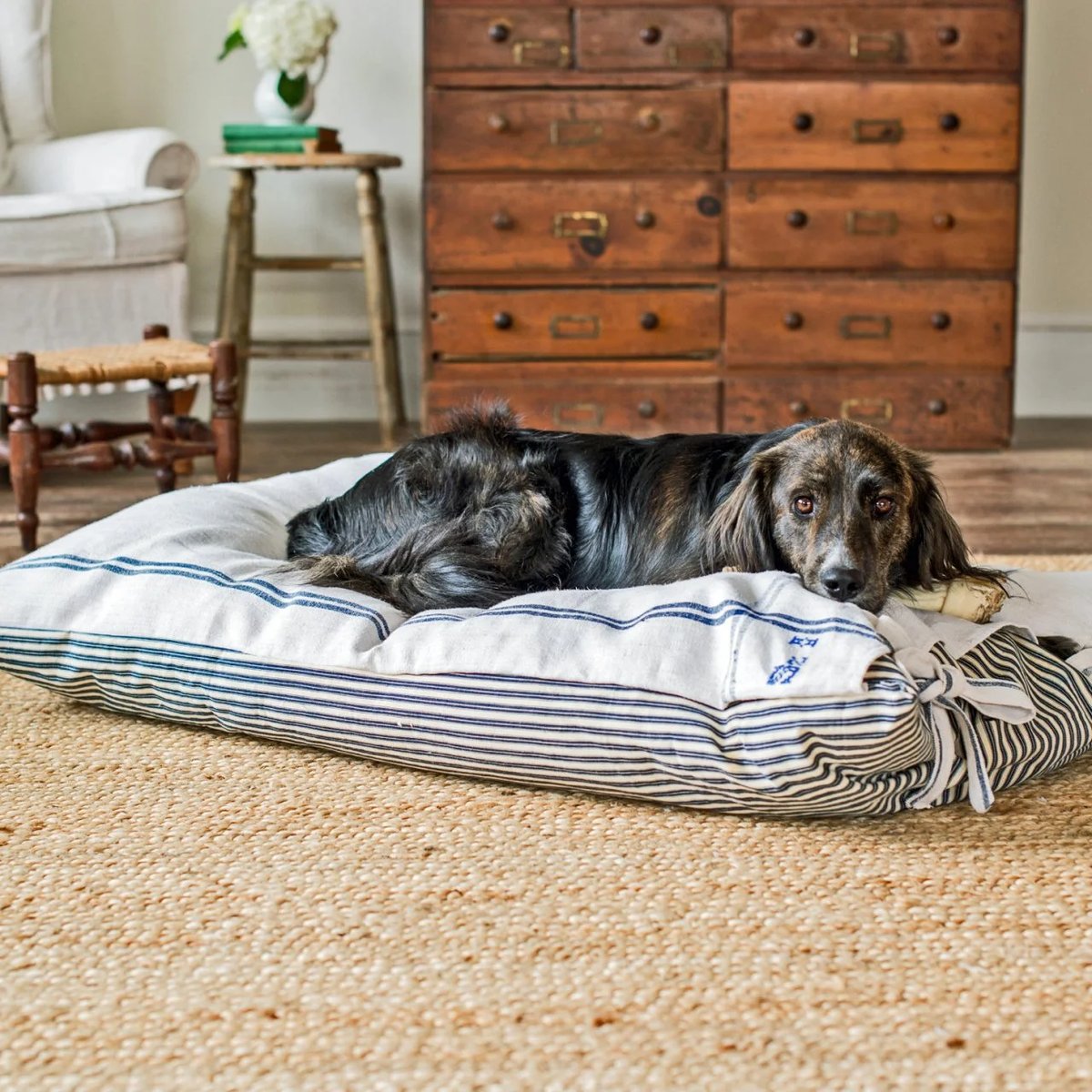 French Ticking Stripe Pillow Bed - cute dog bed ideas
