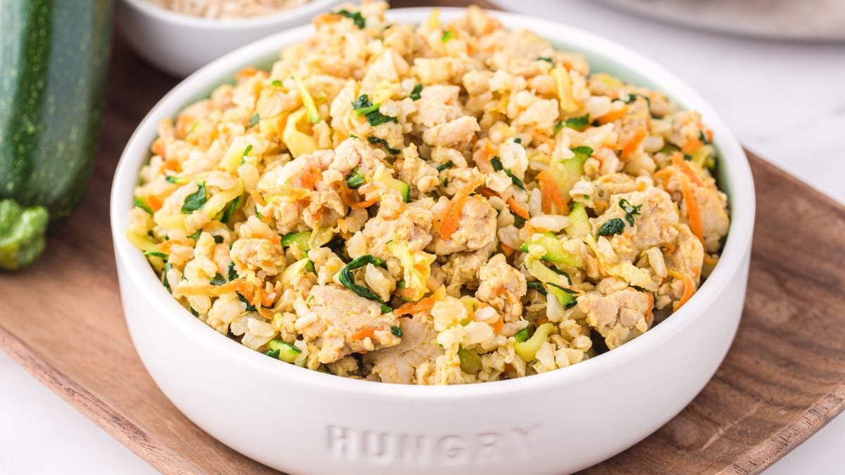Chicken, Rice, and Garden Vegetable Mix - Homemade dog food recipes for senior dogs