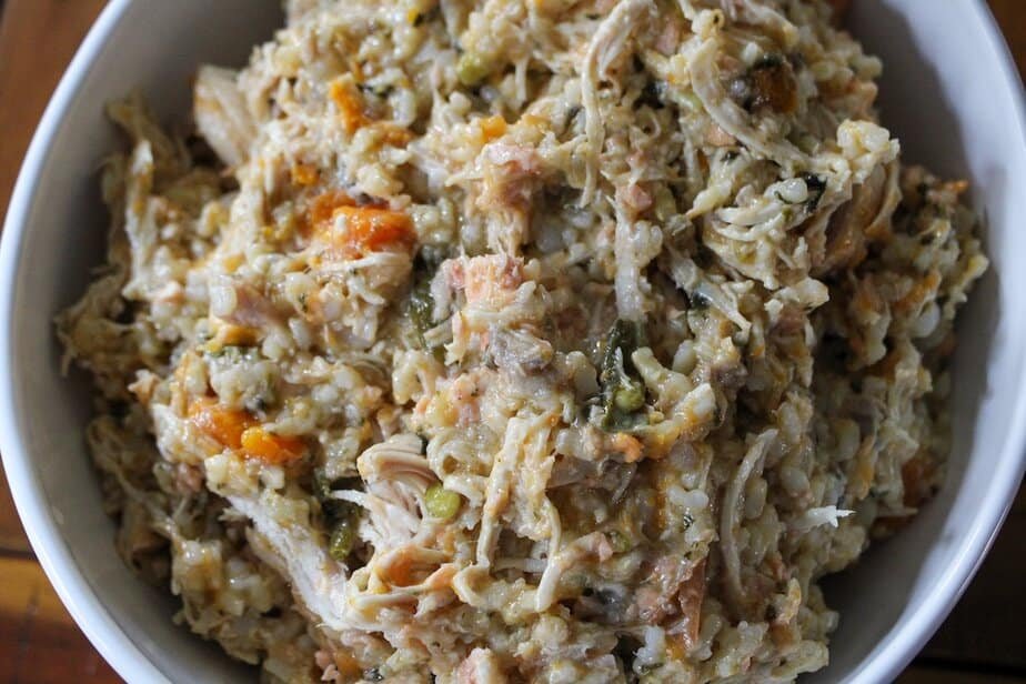 Salmon and Chicken with Brown Rice and Vegetables - Homemade dog food recipes for senior dogs